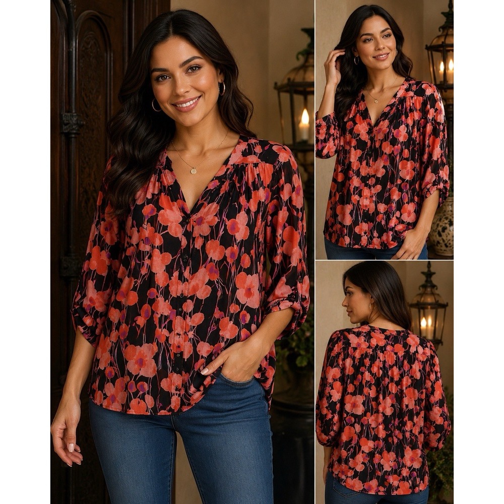 Chaus New York Women's Floral Blouse Size L Black Coral Pink Sheer Pleated Top